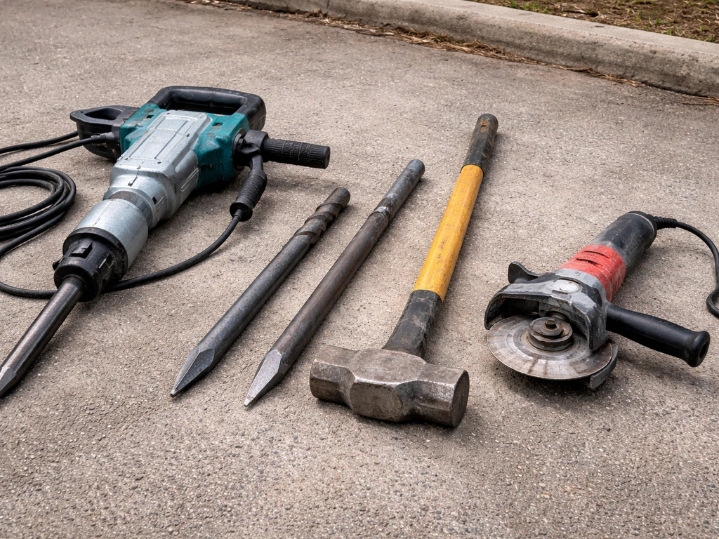 Rented concrete demolition tools laid on a driveway: electric jackhammer, bits, rock bar, and angle grinder.