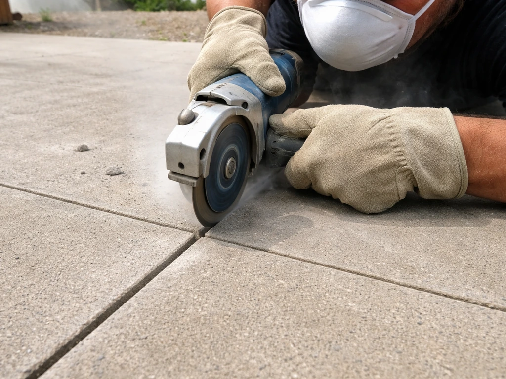 Electric angle grinder scoring straight control lines into a concrete patio, dust and protective gear visible.