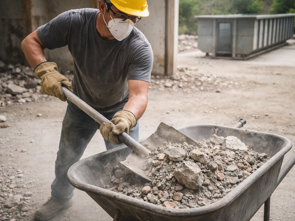 Worker wearing a dust mask loads concrete debris into a heavy-duty wheelbarrow with a roll-off dumpster nearby.